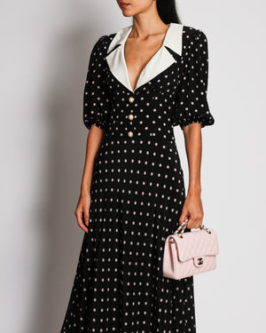 Alessandra Rich Black Silk Maxi Dress with Pink Polka Dots and White Collar with Pearl Buttons Detail Size IT 38 (UK 6)