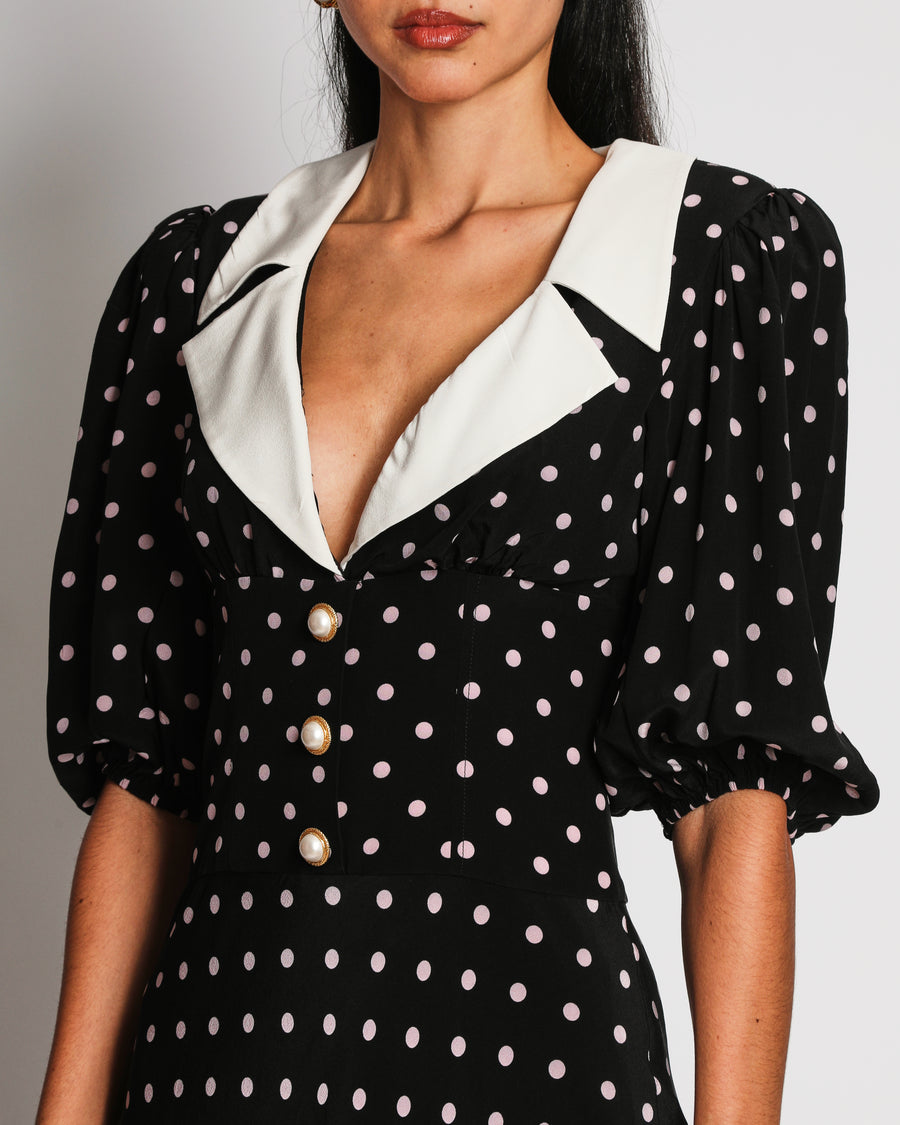 Alessandra Rich Black Silk Maxi Dress with Pink Polka Dots and White Collar with Pearl Buttons Detail Size IT 38 (UK 6)