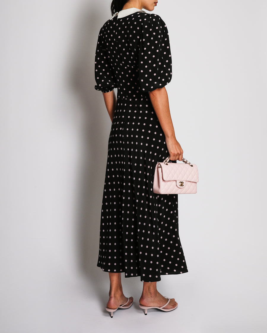 Alessandra Rich Black Silk Maxi Dress with Pink Polka Dots and White Collar with Pearl Buttons Detail Size IT 38 (UK 6)