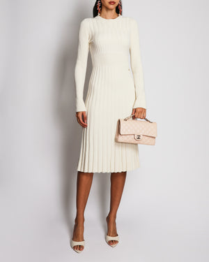 Chanel Cream Wool Knitted Midi Dress with Pleated Skirt and Champagne Gold CC Logo Button Detail Size FR 34 (UK 6)