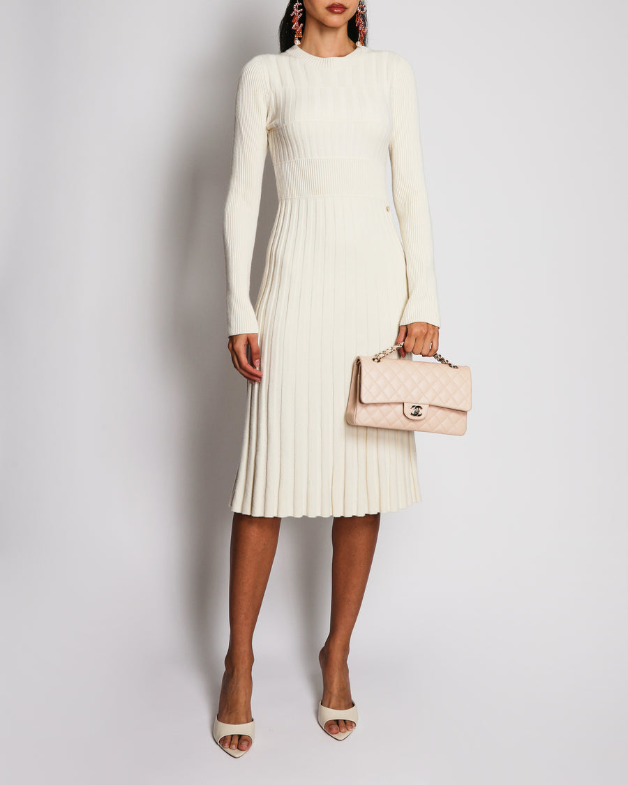 Chanel Cream Wool Knitted Midi Dress with Pleated Skirt and Champagne Gold CC Logo Button Detail Size FR 34 (UK 6)