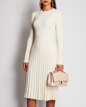 Chanel Cream Wool Knitted Midi Dress with Pleated Skirt and Champagne Gold CC Logo Button Detail Size FR 34 (UK 6)