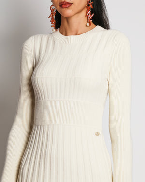 Chanel Cream Wool Knitted Midi Dress with Pleated Skirt and Champagne Gold CC Logo Button Detail Size FR 34 (UK 6)