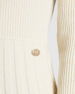 Chanel Cream Wool Knitted Midi Dress with Pleated Skirt and Champagne Gold CC Logo Button Detail Size FR 34 (UK 6)
