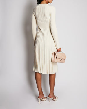 Chanel Cream Wool Knitted Midi Dress with Pleated Skirt and Champagne Gold CC Logo Button Detail Size FR 34 (UK 6)