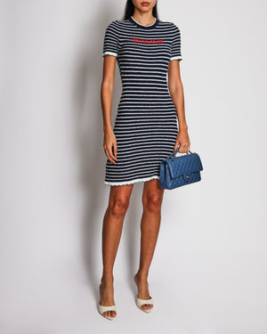 Miu Miu Navy and White Striped Toweling Mini Dress with Scalloped Trims and Red Logo Print Size IT 36 (UK 4)