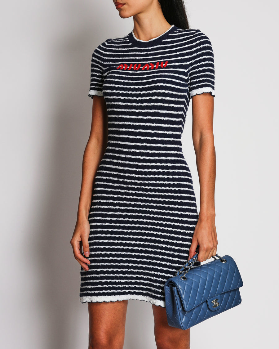 Miu Miu Navy and White Striped Toweling Mini Dress with Scalloped Trims and Red Logo Print Size IT 36 (UK 4)