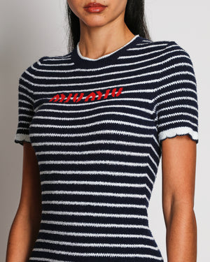 Miu Miu Navy and White Striped Toweling Mini Dress with Scalloped Trims and Red Logo Print Size IT 36 (UK 4)