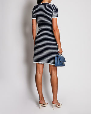 Miu Miu Navy and White Striped Toweling Mini Dress with Scalloped Trims and Red Logo Print Size IT 36 (UK 4)