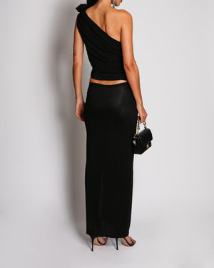 Magda Butrym Black Draped Midi Skirt with Floral Appliques and Side Cutout Size FR 34 (UK 6)