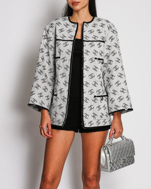 Chanel 22/SS Runway Grey Denim Jacket With CC Monogram Print and Black Sequins Details Size FR 36 (UK 8)