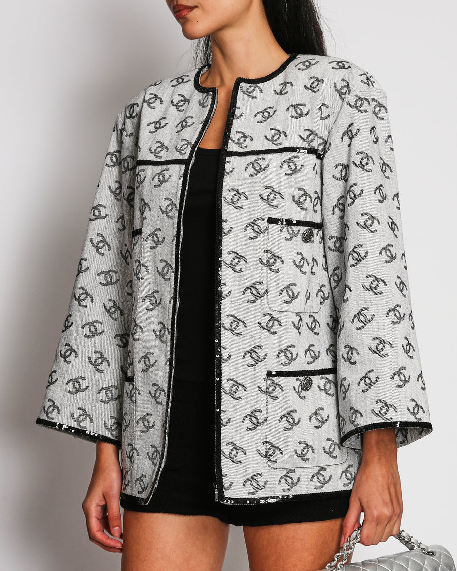 Chanel 22/SS Runway Grey Denim Jacket With CC Monogram Print and Black Sequins Details Size FR 36 (UK 8)