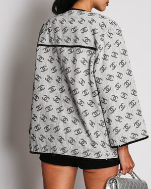 Chanel 22/SS Runway Grey Denim Jacket With CC Monogram Print and Black Sequins Details Size FR 36 (UK 8)