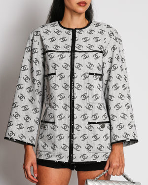 Chanel 22/SS Runway Grey Denim Jacket With CC Monogram Print and Black Sequins Details Size FR 36 (UK 8)