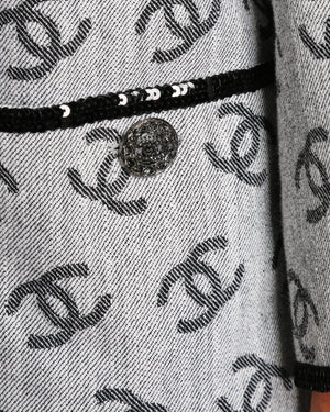 Chanel 22/SS Runway Grey Denim Jacket With CC Monogram Print and Black Sequins Details Size FR 36 (UK 8)