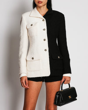 Chanel 20A Half-White and Half-Black Wool Tweed Jacket with Front Pocket Details and Buttons Size FR 38 (UK 10)