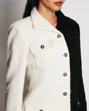 Chanel 20A Half-White and Half-Black Wool Tweed Jacket with Front Pocket Details and Buttons Size FR 38 (UK 10)