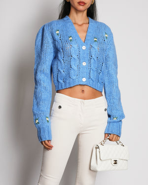 Alessandra Rich Blue Cropped Knit Cardigan with White Floral Appliques Size IT 38 (UK 6)