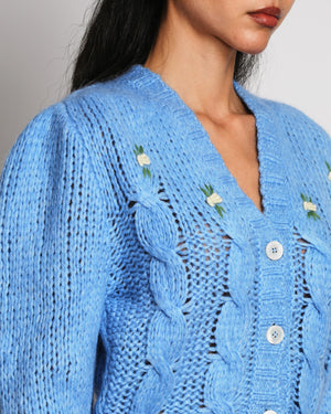 Alessandra Rich Blue Cropped Knit Cardigan with White Floral Appliques Size IT 38 (UK 6)