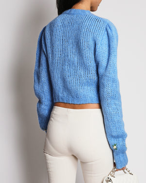 Alessandra Rich Blue Cropped Knit Cardigan with White Floral Appliques Size IT 38 (UK 6)