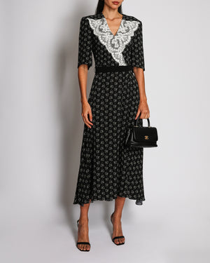 Ulyana Sergeenko Black Cat Print Backless Midi Dress with Lace Collar Detail and Belt Size FR 36 (UK 8)