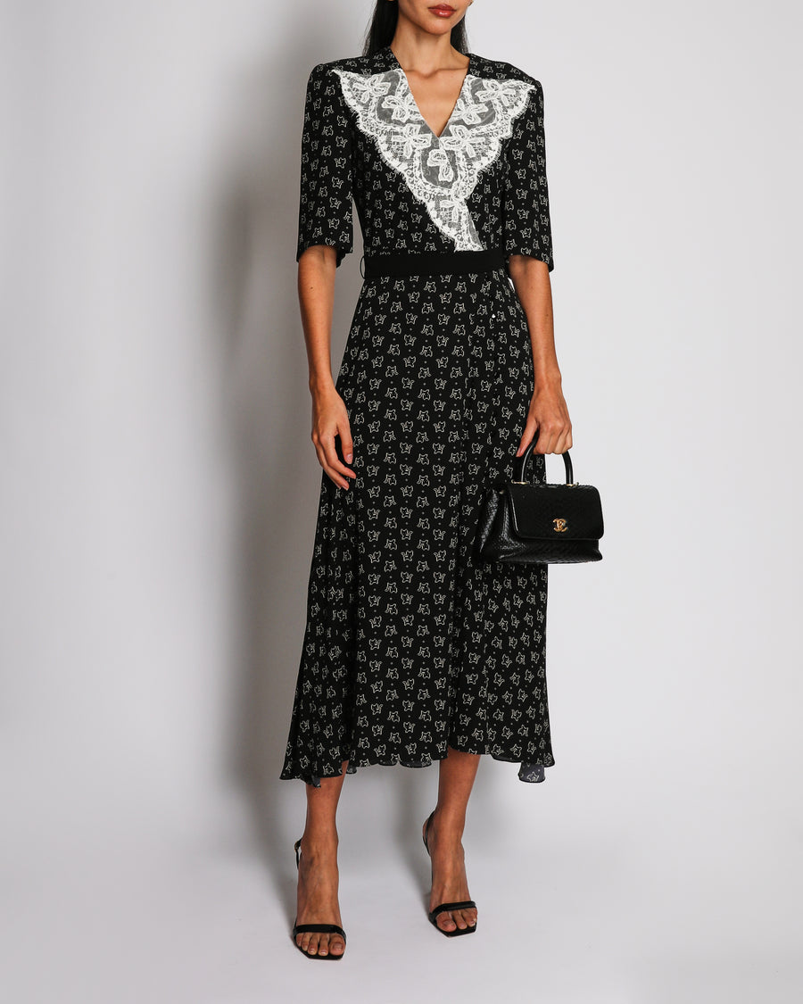 Ulyana Sergeenko Black Cat Print Backless Midi Dress with Lace Collar Detail and Belt Size FR 36 (UK 8)