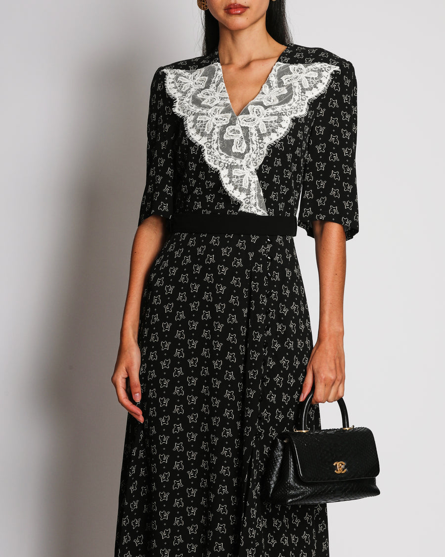 Ulyana Sergeenko Black Cat Print Backless Midi Dress with Lace Collar Detail and Belt Size FR 36 (UK 8)