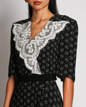 Ulyana Sergeenko Black Cat Print Backless Midi Dress with Lace Collar Detail and Belt Size FR 36 (UK 8)