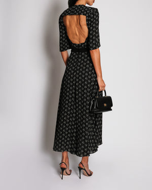 Ulyana Sergeenko Black Cat Print Backless Midi Dress with Lace Collar Detail and Belt Size FR 36 (UK 8)