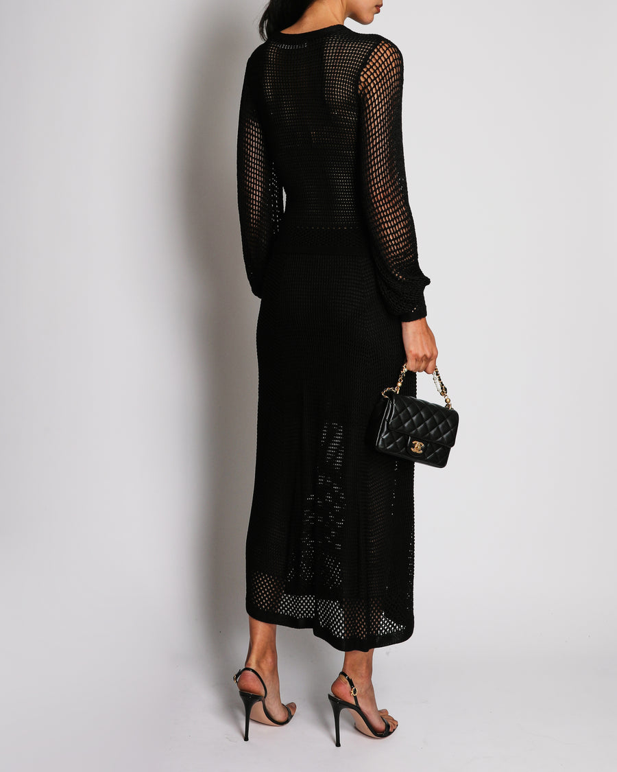 Zimmermann Black Mesh Knit Long-Sleeve Top and Midi Skirt Set Size 0 (UK 8)