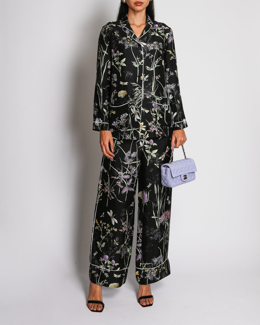 Christian Dior Black Silk Floral Printed Long-Sleeved Shirt and Trousers Set Size FR 34 (UK 6)