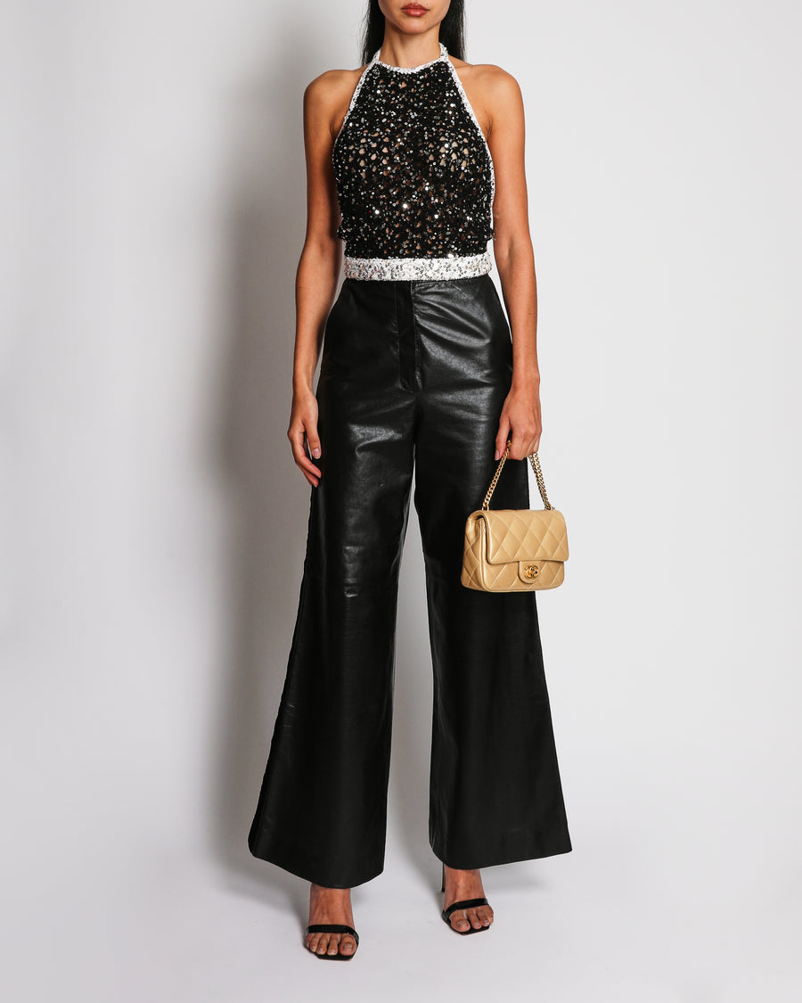 Chanel Runway Black Sequin Halter Top with White Trim Detail Size FR 36 (UK 8)