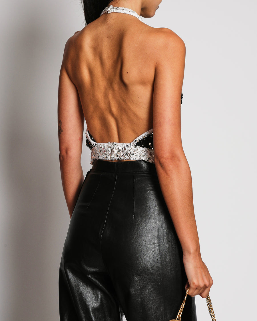 Chanel Runway Black Sequin Halter Top with White Trim Detail Size FR 36 (UK 8)
