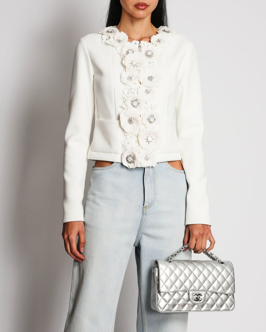 Chanel 25C White Zip Up Jacket with Floral Embellished Details Size FR 36 (UK 8)