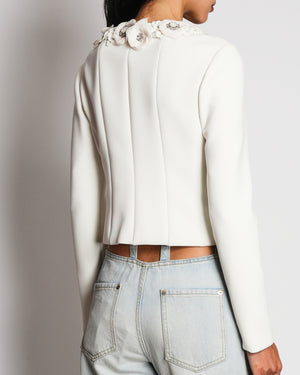 Chanel 25C White Zip Up Jacket with Floral Embellished Details Size FR 36 (UK 8)
