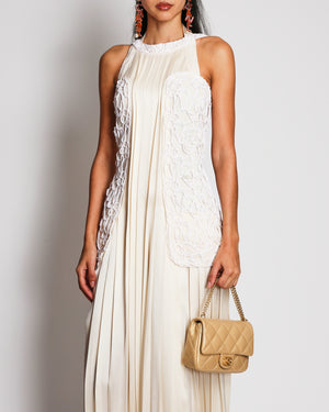 Chanel 13C Beige Silk Pleated Midi Dress with White Braided Embroidery Size FR 34 (UK 6) RRP £7,500