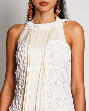 Chanel 13C Beige Silk Pleated Midi Dress with White Braided Embroidery Size FR 34 (UK 6) RRP £7,500