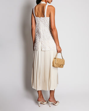 Chanel 13C Beige Silk Pleated Midi Dress with White Braided Embroidery Size FR 34 (UK 6) RRP £7,500