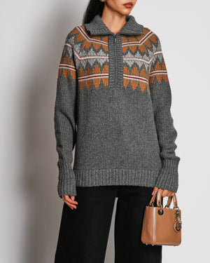 Loro Piana Half-Zip Grey Cashmere Jumper With Brown Pattern Size UK 14