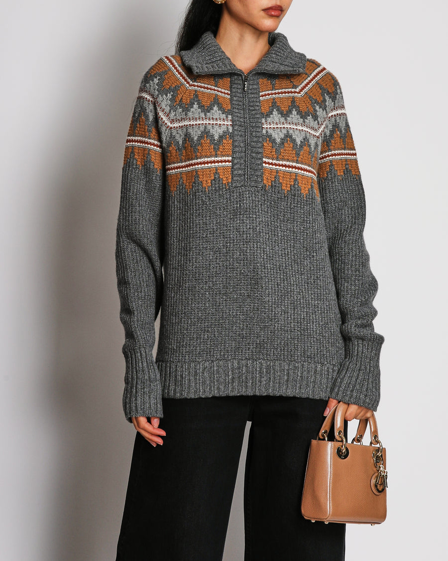 Loro Piana Half-Zip Grey Cashmere Jumper With Brown Pattern Size UK 14