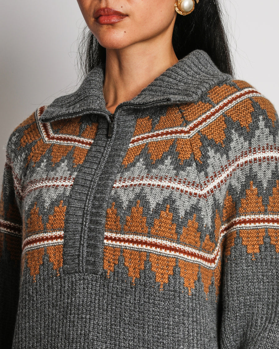 Loro Piana Half-Zip Grey Cashmere Jumper With Brown Pattern Size UK 14