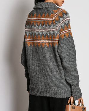 Loro Piana Half-Zip Grey Cashmere Jumper With Brown Pattern Size UK 14