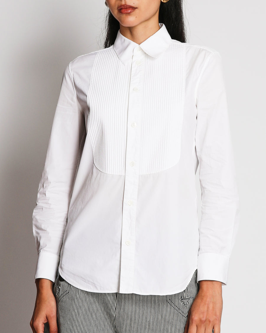 Celine White Button Down Shirt with Pleated Bib Collar Detail Size FR 40 (UK 12)