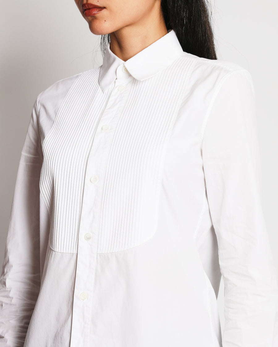 Celine White Button Down Shirt with Pleated Bib Collar Detail Size FR 40 (UK 12)