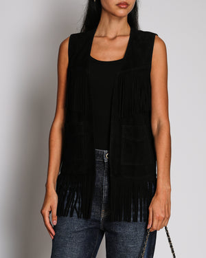 Saint Laurent Black Suede Sleeveless Vest with Fridge Tassel Detail Size FR 38 (UK 10)