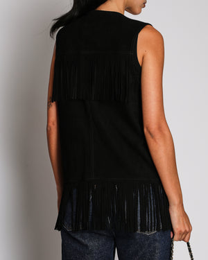 Saint Laurent Black Suede Sleeveless Vest with Fridge Tassel Detail Size FR 38 (UK 10)