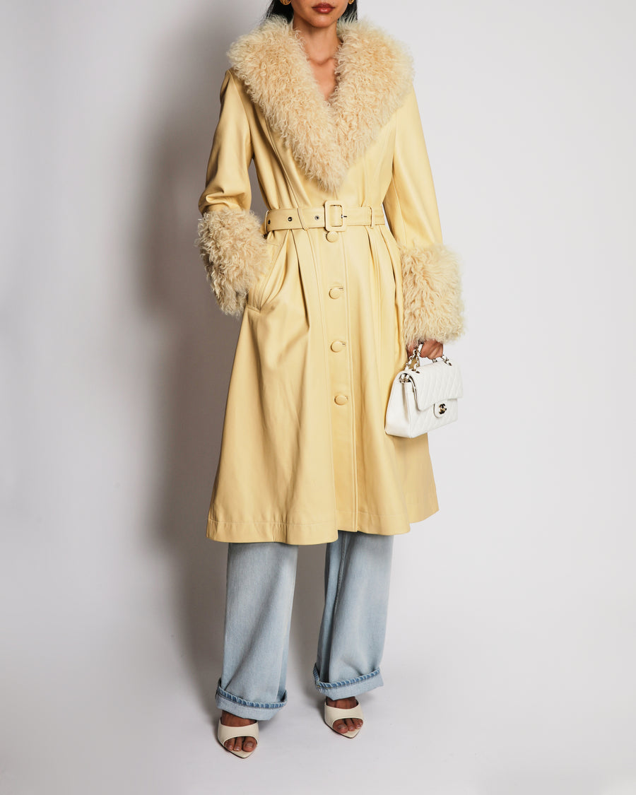 Saks Potts Butter Yellow Maxi Coat In Lambskin Leather and Foxy Shearling Size 3 (UK 12)