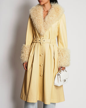 Saks Potts Butter Yellow Maxi Coat In Lambskin Leather and Foxy Shearling Size 3 (UK 12)