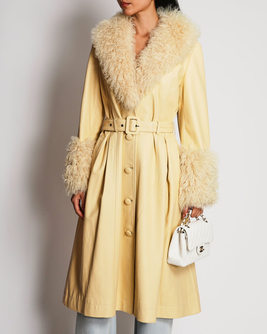 Saks Potts Butter Yellow Maxi Coat In Lambskin Leather and Foxy Shearling Size 3 (UK 12)