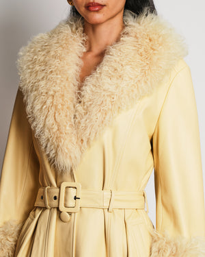 Saks Potts Butter Yellow Maxi Coat In Lambskin Leather and Foxy Shearling Size 3 (UK 12)